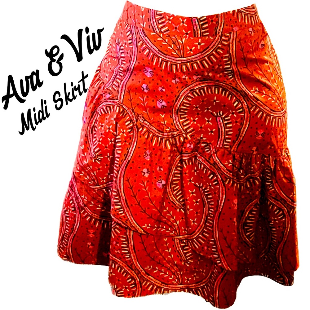 Ava & Viv Red Ruffle Tribal Print Midi Skirt